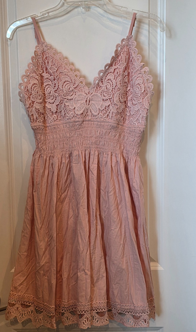 Red Marine Coquette Smocked Dress Sleeveless Womens M Pink Cotton Lace Boho NWT